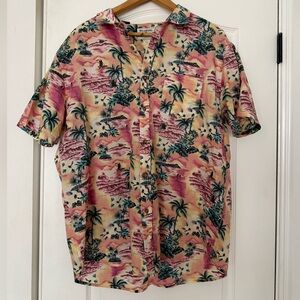 Billabong Tropical Collared Button Down Shirt - Pink and Yellow XL Hawaiian